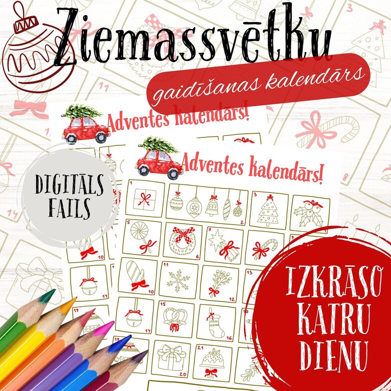Krāsojamais Ziemassvētku adventes kalendārs bērniem, digitāls PDF un JPG fails